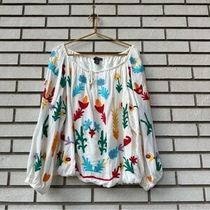 Chelsea & Theodore White Embroidered Boho Peasant Blouse XL Resort Coastal Top